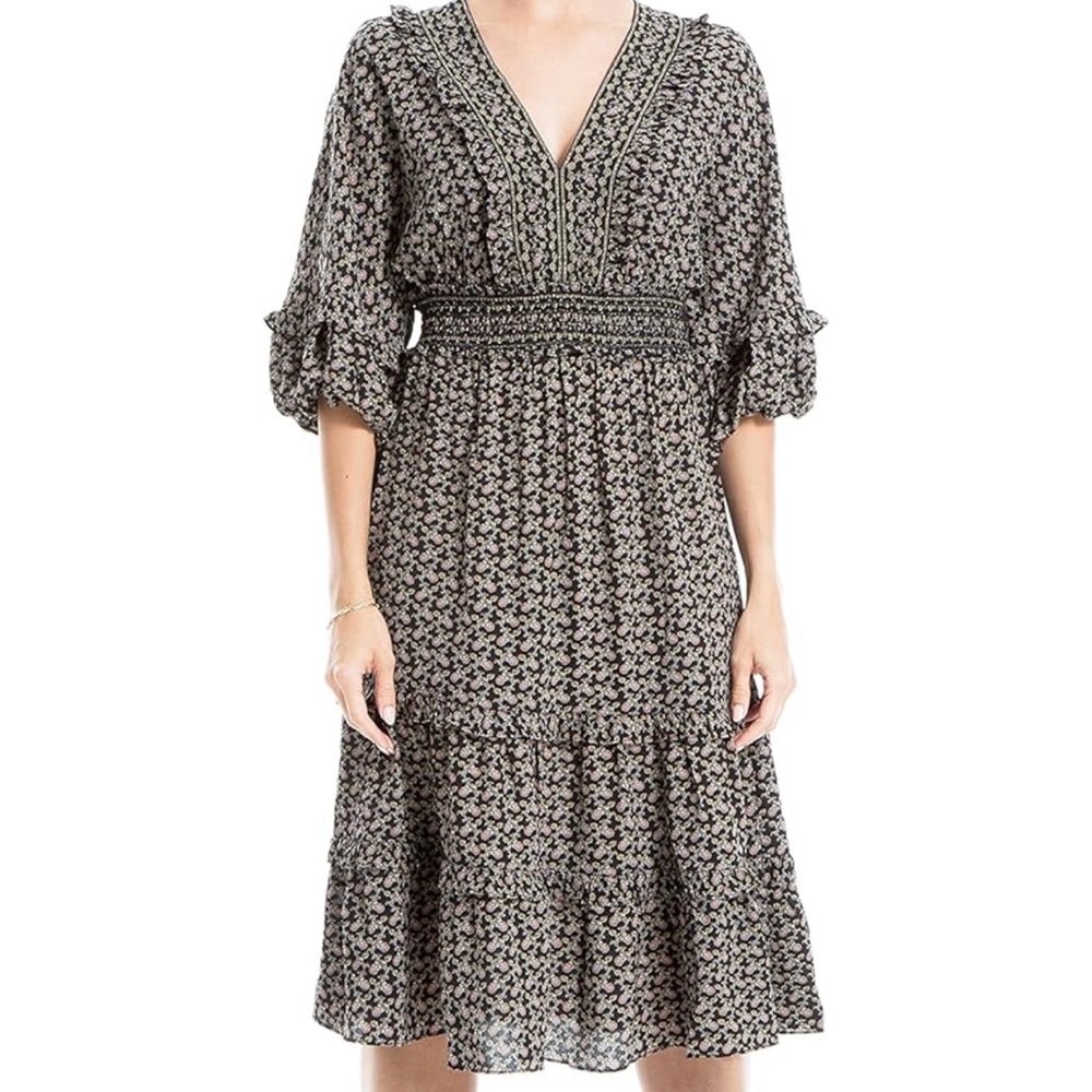 Max Studio women’s 3/4 sleeve tiered bubble crepe dress.